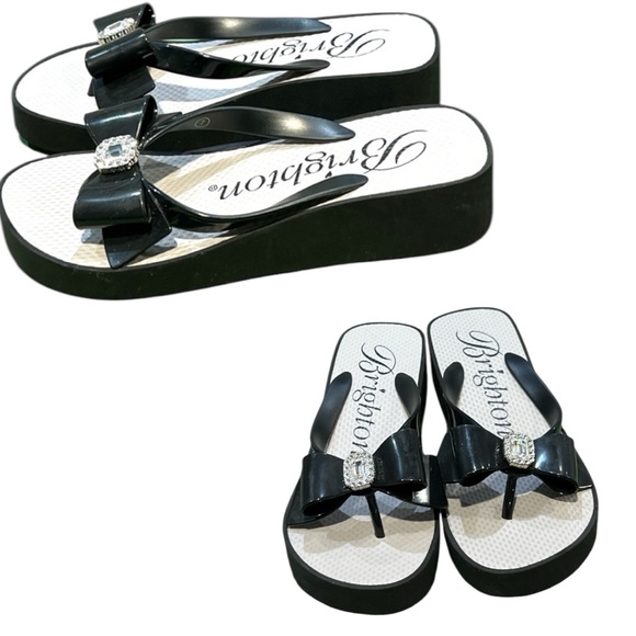 Brighton Shoes - Brighton Bowie Black Silver Rhinestone Bow Wedge Flip Flops Size 7.